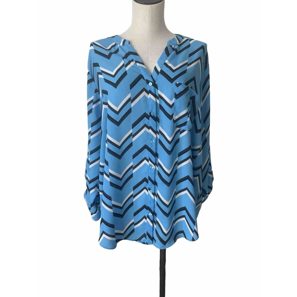 Simply Emma Blue Print Tunic Top V-Neck Button Down Size 2X